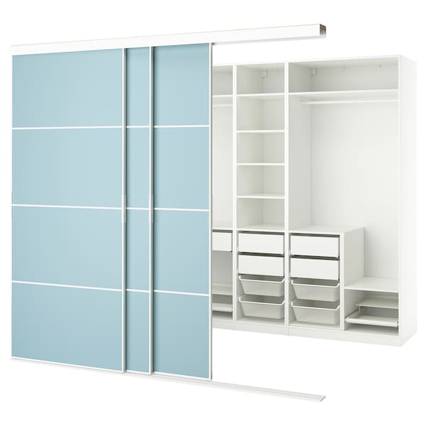 Ikea SKYTTA / PAX - Walk-in wardrobe with sliding doors, white double-face/Mehamn blue,276x160x240 cm