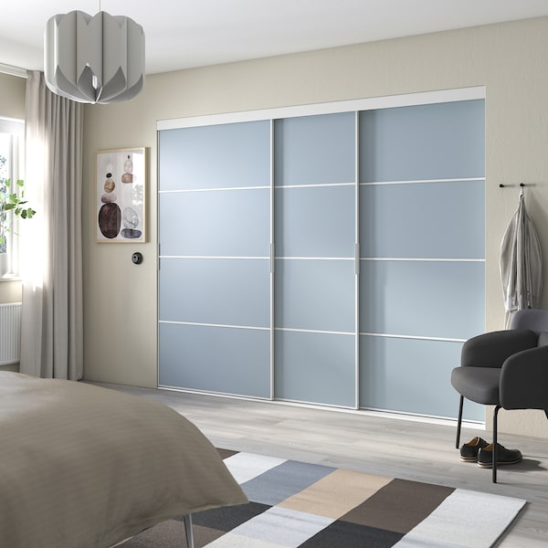 SKYTTA / PAX - Walk-in wardrobe with sliding doors, white double-face/Mehamn blue,276x160x205 cm