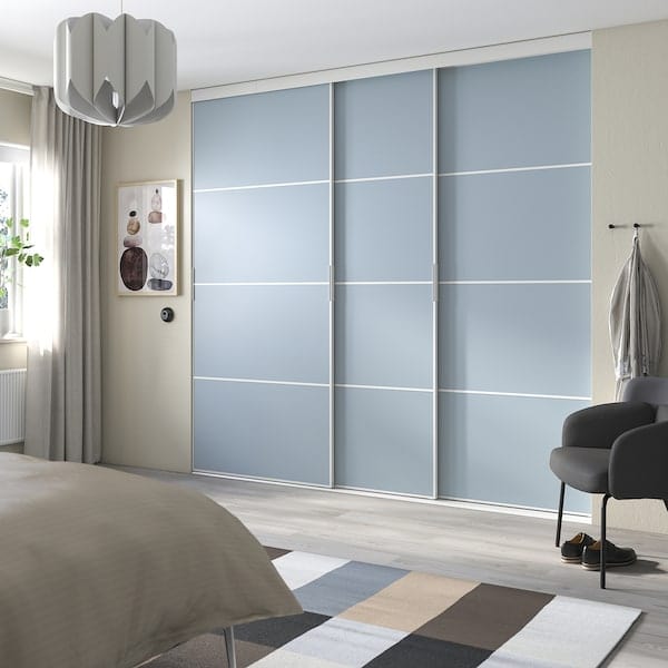 Ikea SKYTTA / PAX - Walk-in wardrobe with sliding doors, white double-face/Mehamn blue,276x160x240 cm