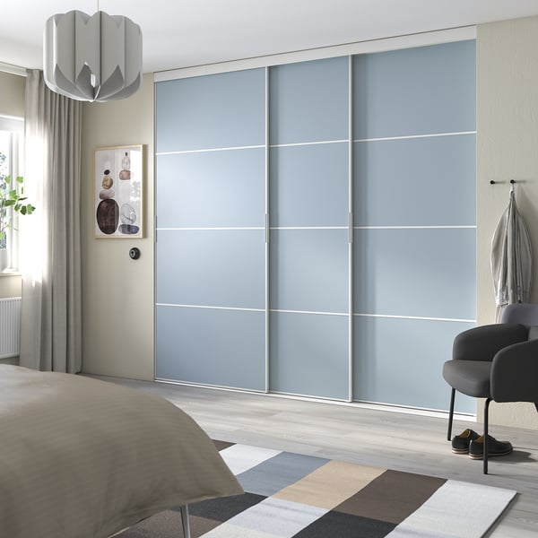 SKYTTA / PAX - Walk-in wardrobe with sliding doors, white double-face/Mehamn blue,276x160x240 cm