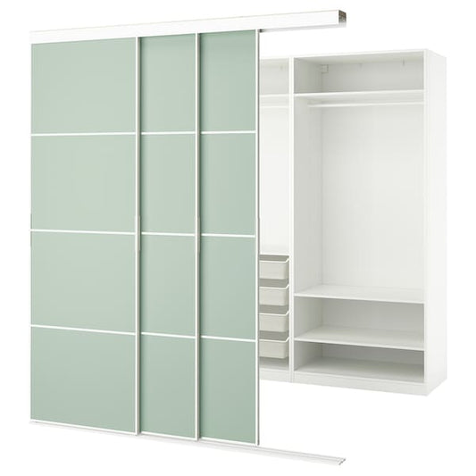 Ikea SKYTTA / PAX - Walk-in wardrobe with sliding doors, white double-face/Mehamn light green,226x160x240 cm