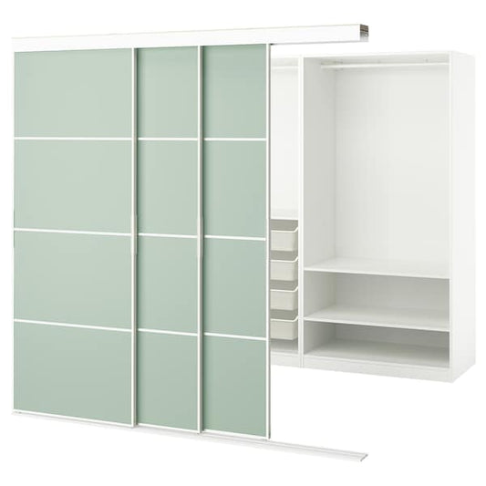 Ikea SKYTTA / PAX - Walk-in wardrobe with sliding doors, white double-face/Mehamn light green,226x160x205 cm