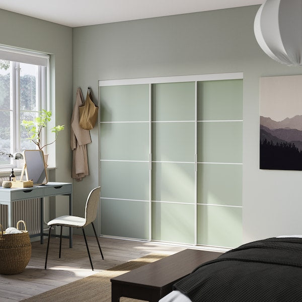 SKYTTA / PAX - Walk-in wardrobe with sliding doors, white double-face/Mehamn light green,226x160x205 cm