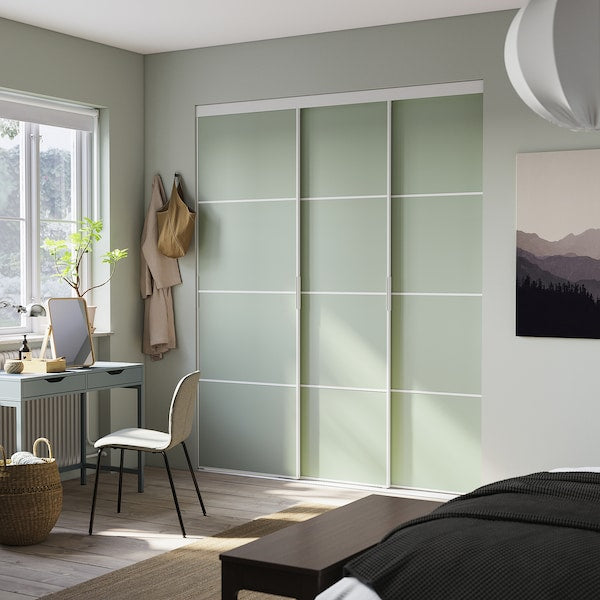 SKYTTA / PAX - Walk-in wardrobe with sliding doors, white double-face/Mehamn light green,226x160x240 cm