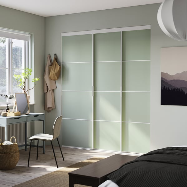 SKYTTA / PAX - Walk-in wardrobe with sliding doors, white double-face/Mehamn light green,226x160x240 cm