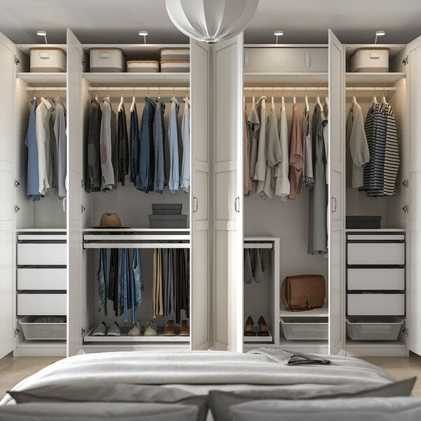 SKYTTA / PAX - Walk-in wardrobe with sliding doors, Hokksund white/glossy light grey,301x160x240 cm
