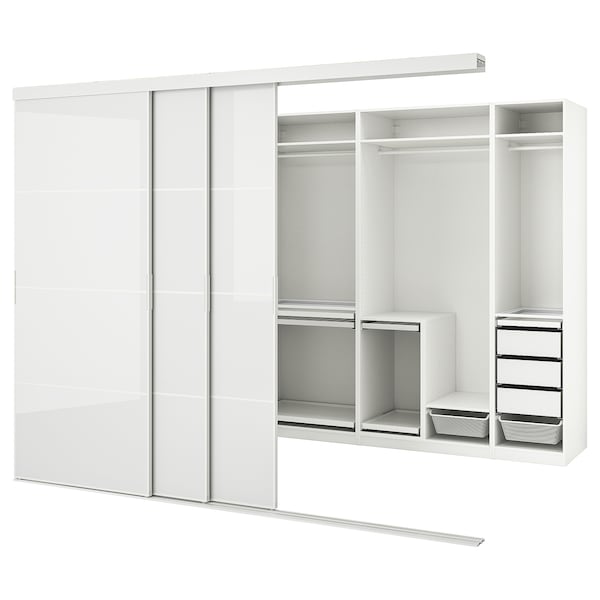 SKYTTA / PAX - Walk-in wardrobe with sliding doors, Hokksund white/glossy light grey,301x160x240 cm