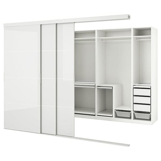 Ikea SKYTTA / PAX - Walk-in wardrobe with sliding doors, Hokksund white/glossy light grey,301x160x240 cm