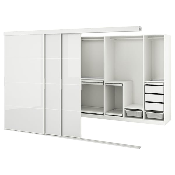 SKYTTA / PAX - Walk-in wardrobe with sliding doors, Hokksund white/glossy light grey,301x160x205 cm