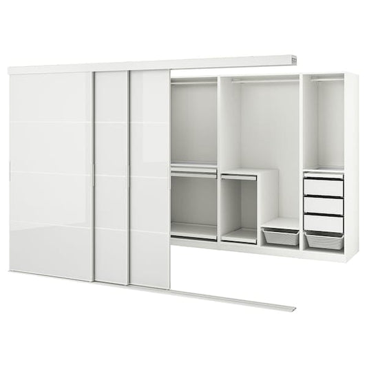 Ikea SKYTTA / PAX - Walk-in wardrobe with sliding doors, Hokksund white/glossy light grey,301x160x205 cm