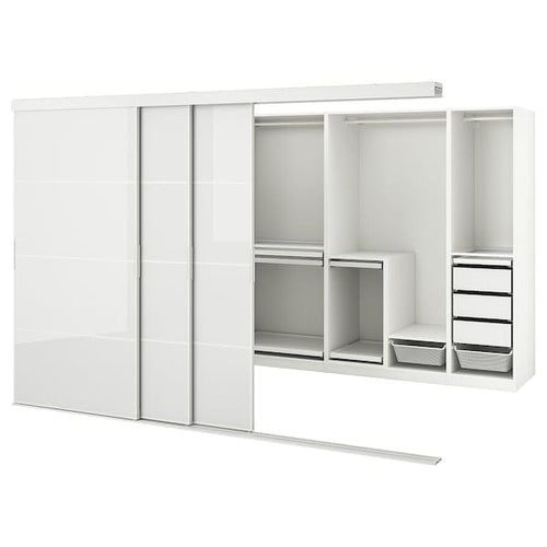 SKYTTA / PAX walk-in wardrobe with sliding doors, white Hokksund/high-gloss light grey, 301x160x205 cm
