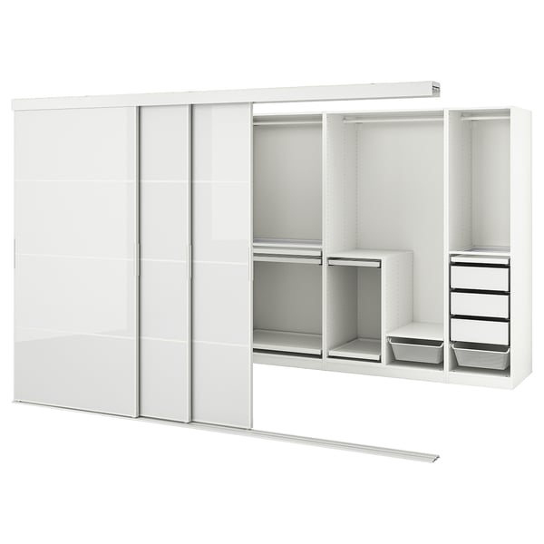 SKYTTA / PAX - Walk-in wardrobe with sliding doors, Hokksund white/glossy light grey,301x160x205 cm