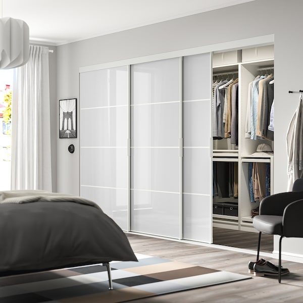 SKYTTA / PAX - Walk-in wardrobe with sliding doors, Hokksund white/glossy light grey,301x160x205 cm