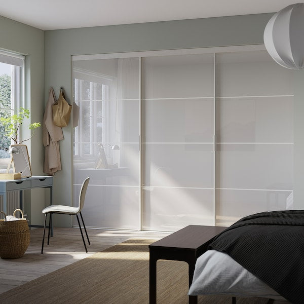 SKYTTA / PAX - Walk-in wardrobe with sliding doors, Hokksund white/glossy light grey,301x160x240 cm