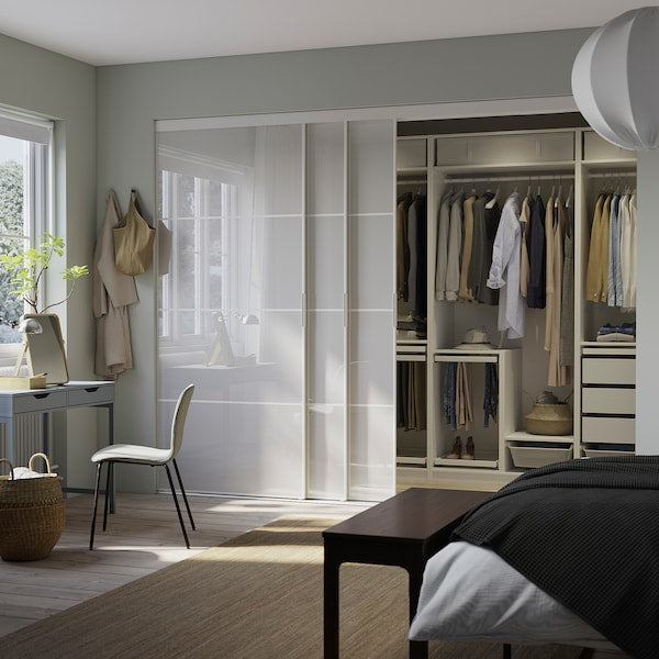 SKYTTA / PAX - Walk-in wardrobe with sliding doors, Hokksund white/glossy light grey,301x160x240 cm