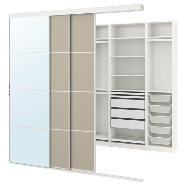SKYTTA / PAX walk-in wardrobe with sliding doors, white Mehamn/Auli/grey-beige mirror glass, 251x115x240 cm