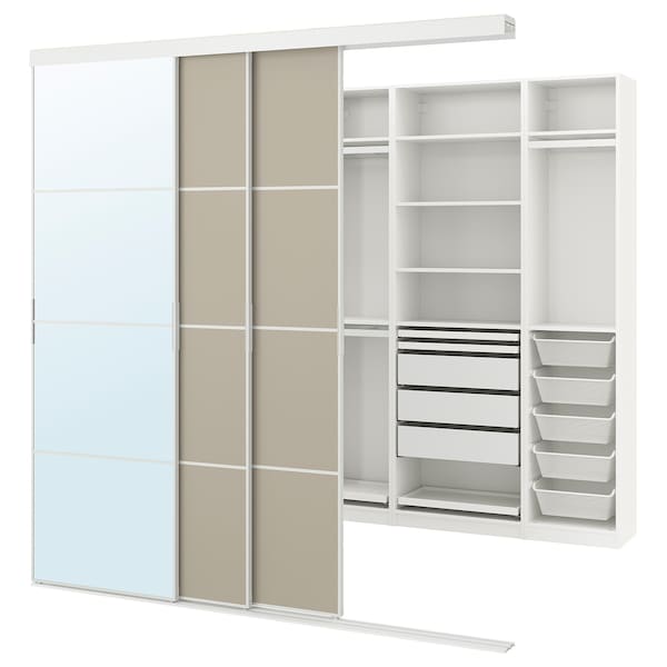 SKYTTA / PAX - Walk-in wardrobe with sliding doors, white Mehamn/Auli/grey-beige mirror glass,251x115x240 cm