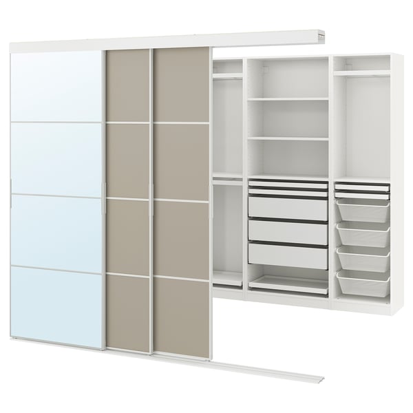 SKYTTA / PAX walk-in wardrobe with sliding doors, white Mehamn/Auli/grey-beige mirror glass, 251x115x205 cm