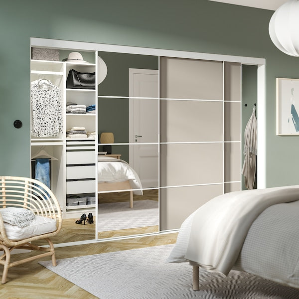 SKYTTA / PAX - Walk-in wardrobe with sliding doors, white Mehamn/Auli/grey-beige mirror glass,251x115x205 cm