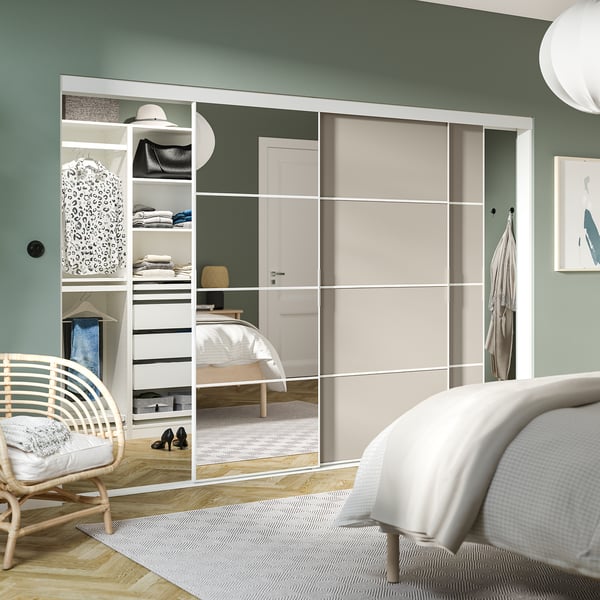 SKYTTA / PAX walk-in wardrobe with sliding doors, white Mehamn/Auli/grey-beige mirror glass, 251x115x205 cm