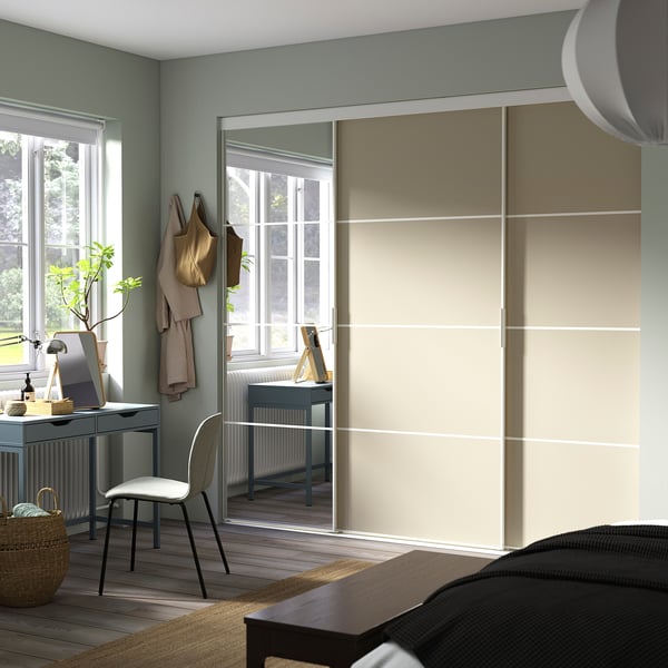 SKYTTA / PAX walk-in wardrobe with sliding doors, white Mehamn/Auli/grey-beige mirror glass, 251x115x240 cm