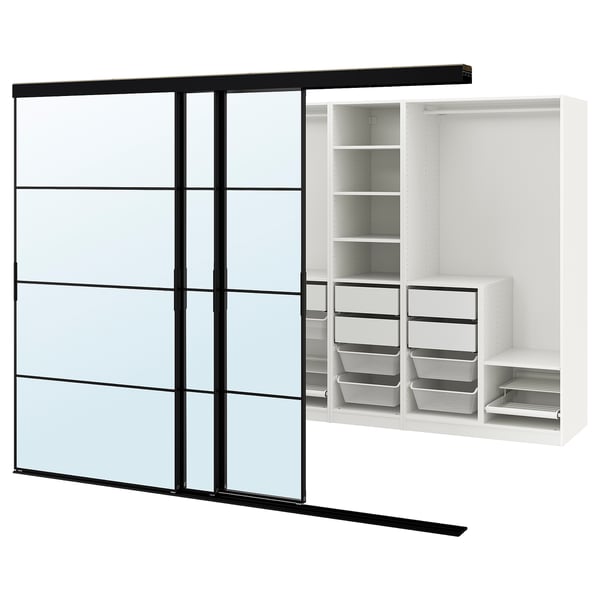 SKYTTA / PAX walk-in wardrobe with sliding doors, black/Auli mirror glass, 276x160x205 cm