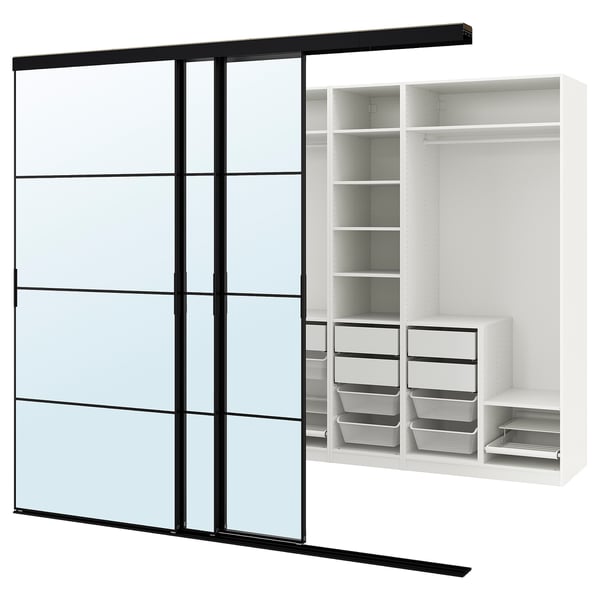 SKYTTA / PAX walk-in wardrobe with sliding doors, black/Auli mirror glass, 276x160x240 cm