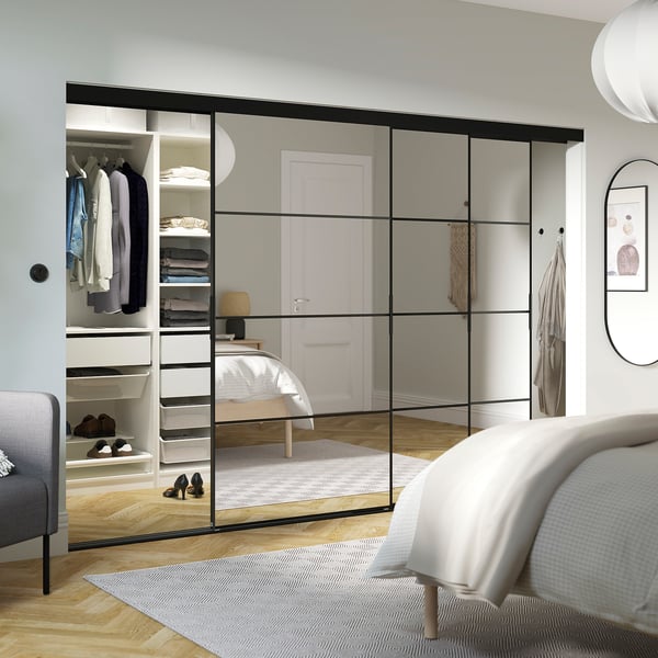 SKYTTA / PAX walk-in wardrobe with sliding doors, black/Auli mirror glass, 276x160x205 cm