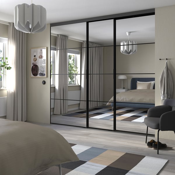 SKYTTA / PAX walk-in wardrobe with sliding doors, black/Auli mirror glass, 276x160x240 cm