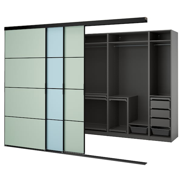 SKYTTA / PAX - Walk-in wardrobe with sliding doors, black dark grey/Mehamn blue/light green,301x160x240 cm