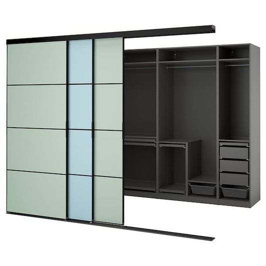 Ikea SKYTTA / PAX - Walk-in wardrobe with sliding doors, black dark grey/Mehamn blue/light green,301x160x240 cm