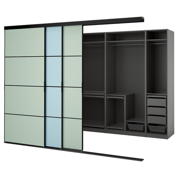 SKYTTA / PAX - Walk-in wardrobe with sliding doors, black dark grey/Mehamn blue/light green,301x160x240 cm