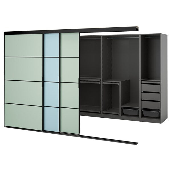 SKYTTA / PAX - Walk-in wardrobe with sliding doors, black dark grey/Mehamn blue/light green,301x160x205 cm