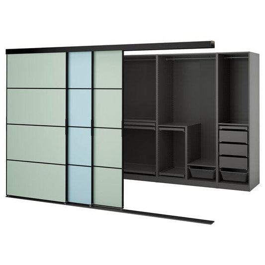 Ikea SKYTTA / PAX - Walk-in wardrobe with sliding doors, black dark grey/Mehamn blue/light green,301x160x205 cm