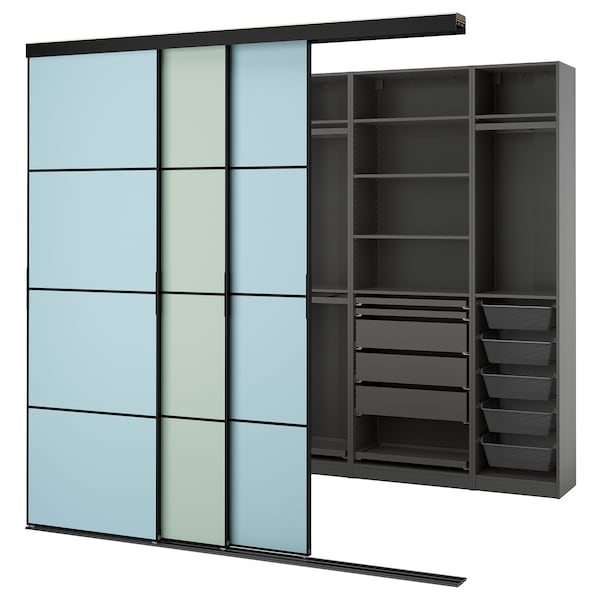 SKYTTA / PAX - Walk-in wardrobe with sliding doors, black dark grey/Mehamn blue/light green,251x115x240 cm