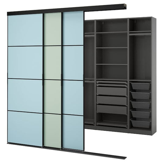 Ikea SKYTTA / PAX - Walk-in wardrobe with sliding doors, black dark grey/Mehamn blue/light green,251x115x240 cm