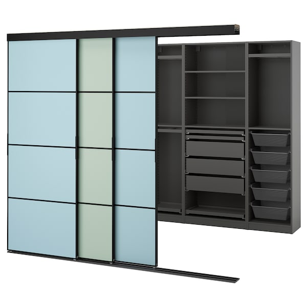 SKYTTA / PAX - Walk-in wardrobe with sliding doors, black dark grey/Mehamn blue/light green,251x115x205 cm