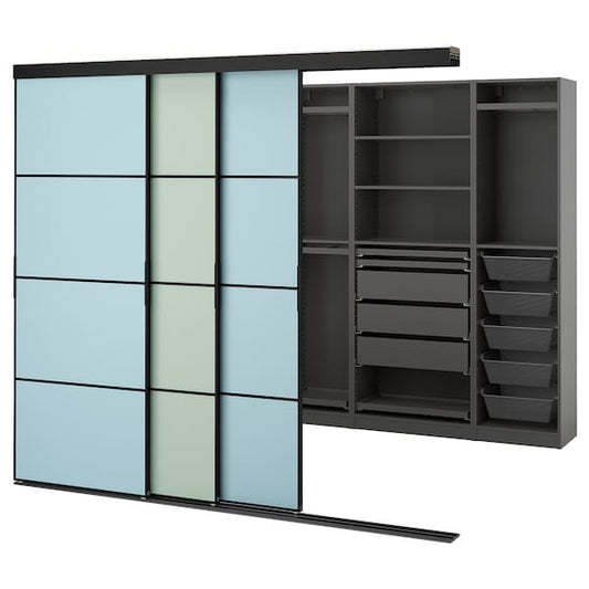 Ikea SKYTTA / PAX - Walk-in wardrobe with sliding doors, black dark grey/Mehamn blue/light green,251x115x205 cm