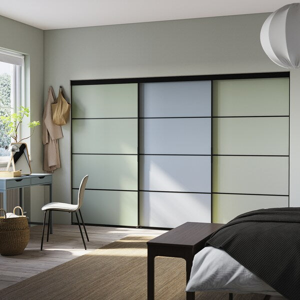 SKYTTA / PAX - Walk-in wardrobe with sliding doors, black dark grey/Mehamn blue/light green,301x160x205 cm