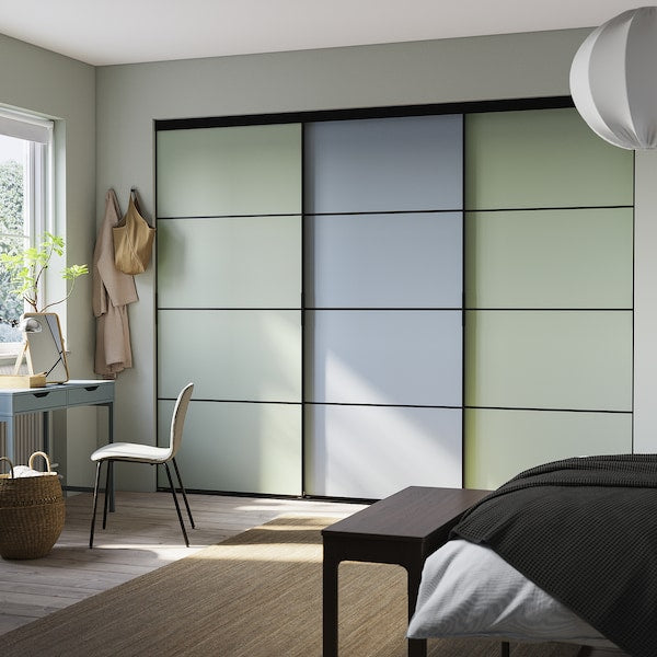 SKYTTA / PAX - Walk-in wardrobe with sliding doors, black dark grey/Mehamn blue/light green,301x160x240 cm