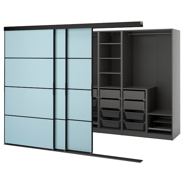 SKYTTA / PAX - Walk-in wardrobe with sliding doors, black dark grey/Mehamn blue,276x160x205 cm