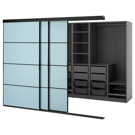 Ikea SKYTTA / PAX - Walk-in wardrobe with sliding doors, black dark grey/Mehamn blue,276x160x205 cm