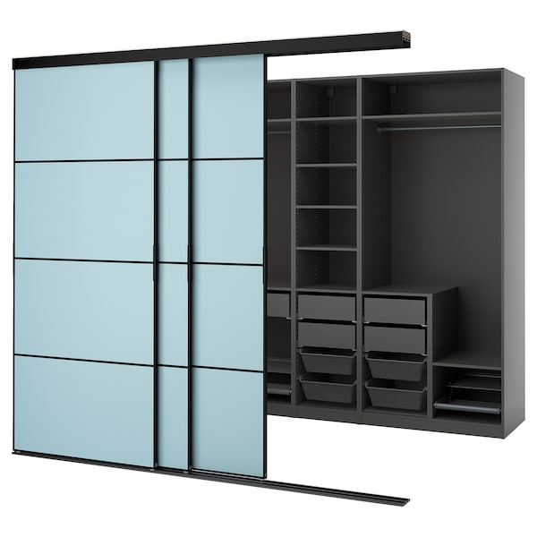 SKYTTA / PAX - Walk-in wardrobe with sliding doors, black dark grey/Mehamn blue,276x160x240 cm