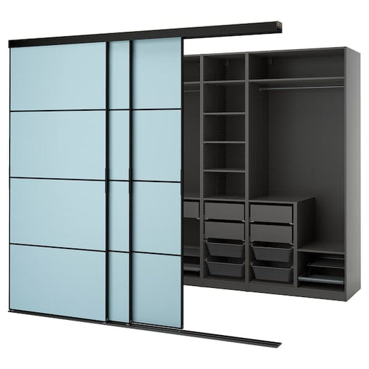 Ikea SKYTTA / PAX - Walk-in wardrobe with sliding doors, black dark grey/Mehamn blue,276x160x240 cm