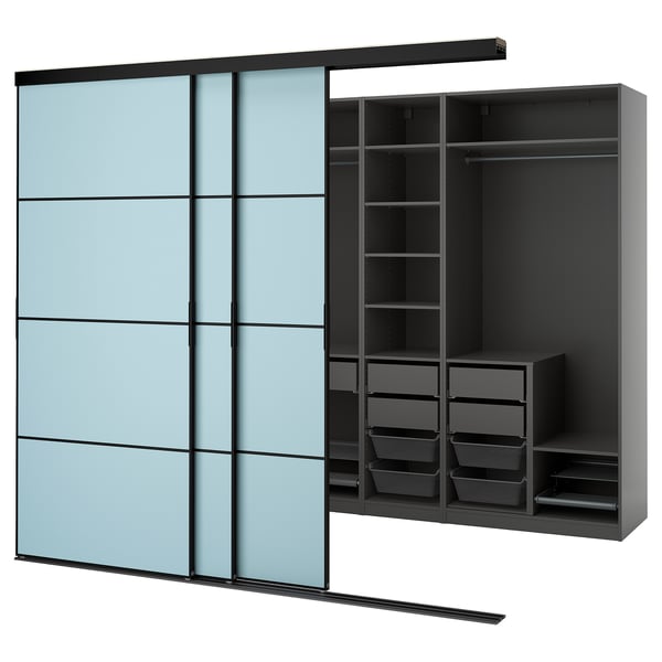 SKYTTA / PAX - Walk-in wardrobe with sliding doors, black dark grey/Mehamn blue,276x160x240 cm