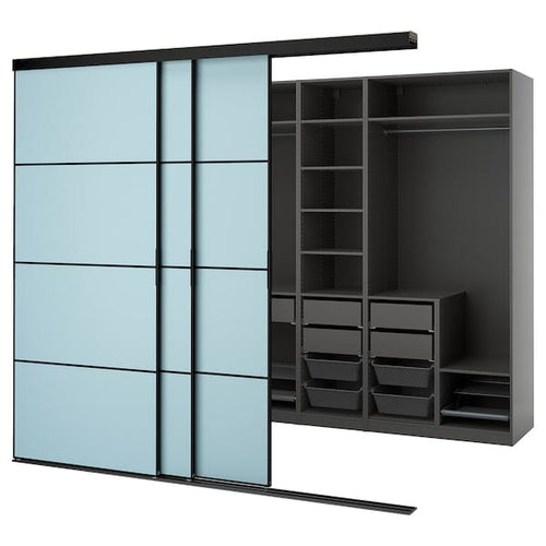 SKYTTA / PAX - Walk-in wardrobe with sliding doors, black dark grey/Mehamn blue,276x160x240 cm