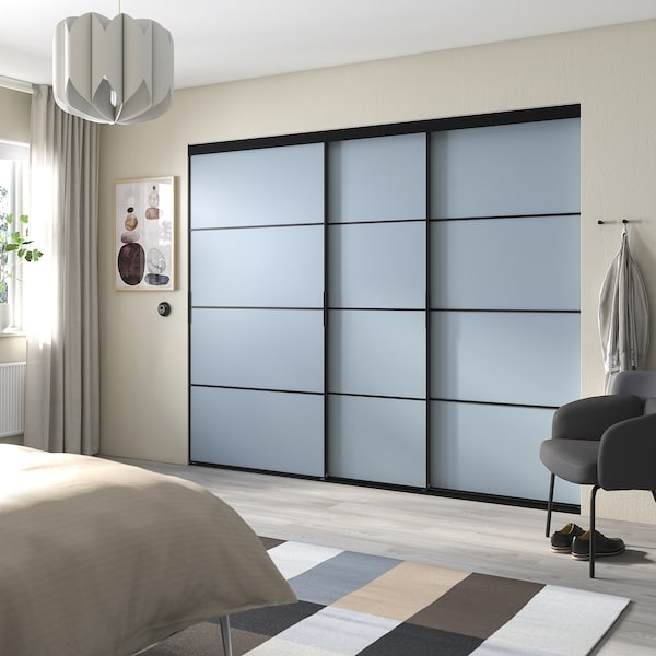 SKYTTA / PAX - Walk-in wardrobe with sliding doors, black dark grey/Mehamn blue,276x160x205 cm