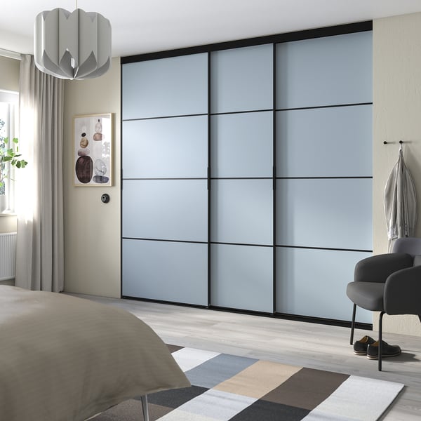 SKYTTA / PAX - Walk-in wardrobe with sliding doors, black dark grey/Mehamn blue,276x160x240 cm