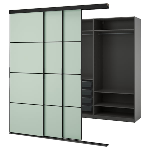 SKYTTA / PAX - Walk-in wardrobe with sliding doors, black dark grey/Mehamn light green,226x160x240 cm