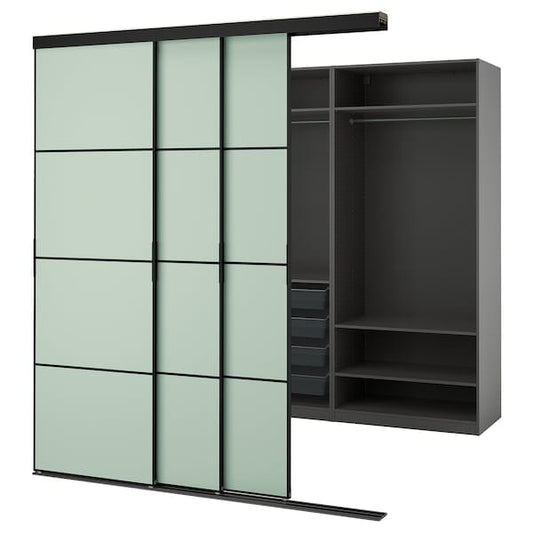 Ikea SKYTTA / PAX - Walk-in wardrobe with sliding doors, black dark grey/Mehamn light green,226x160x240 cm